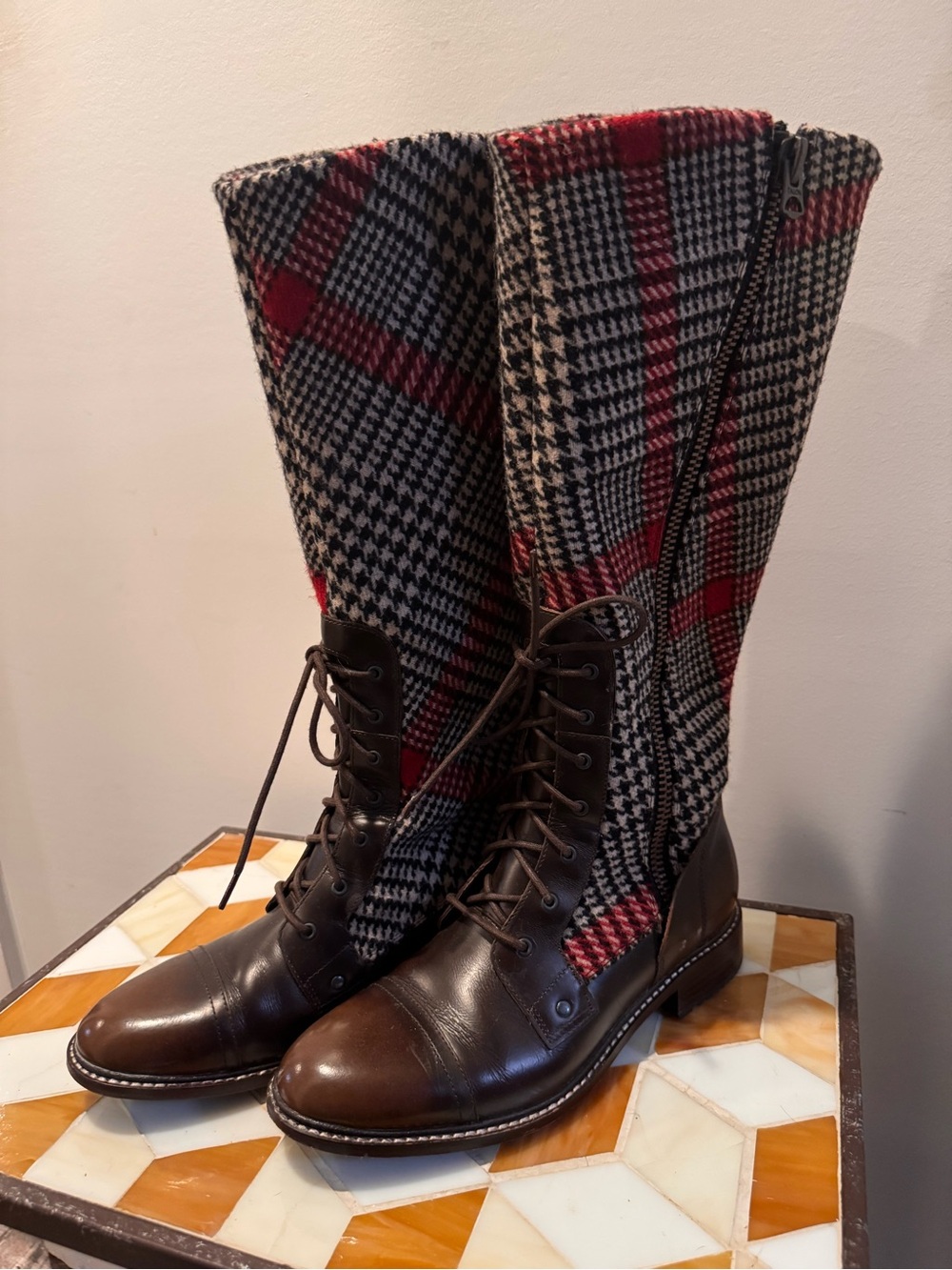 Woolrich Brown Leather Boots with Red & Black Plaid Shaft